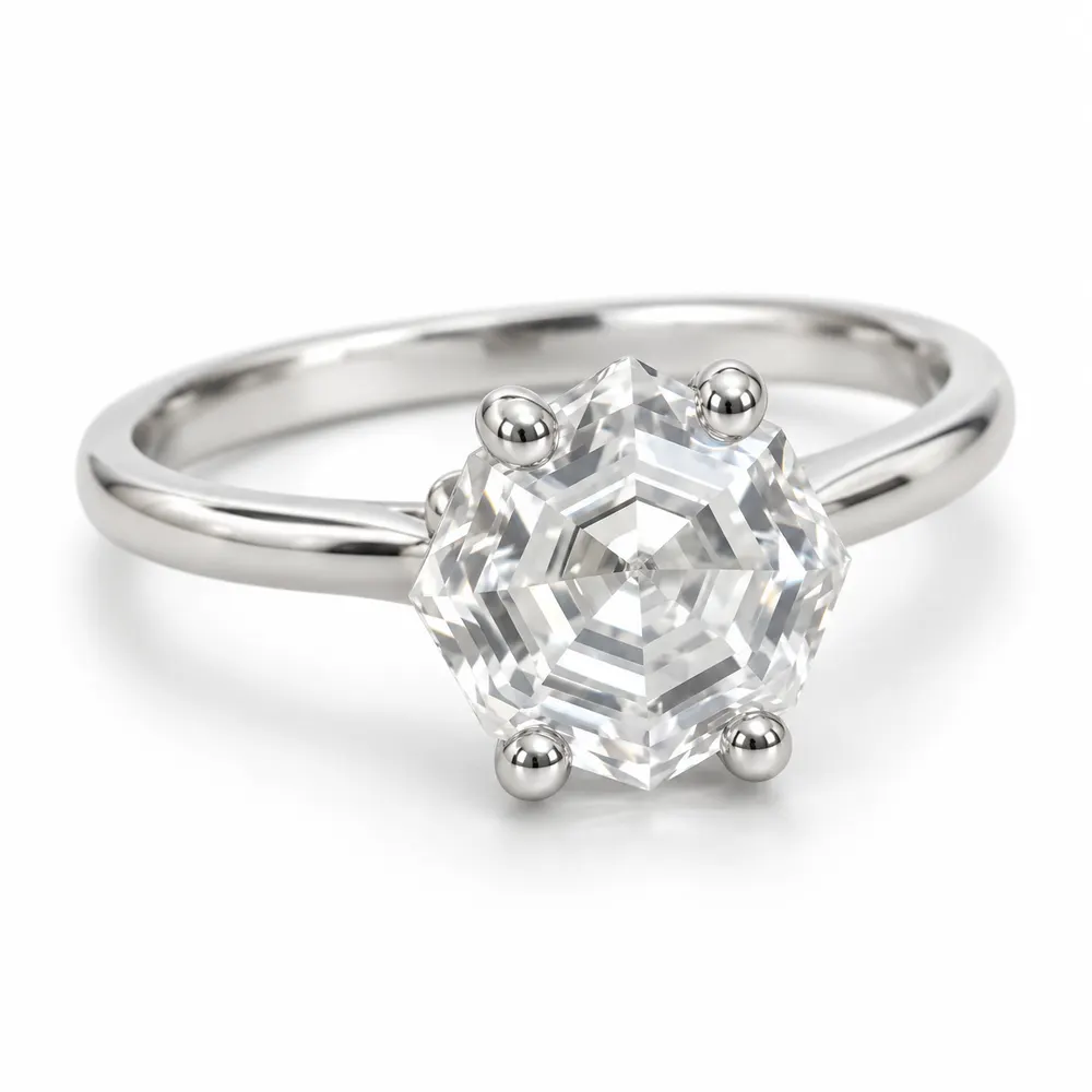 Hexagonal Step-Cut Solitaire Moissanite Ring