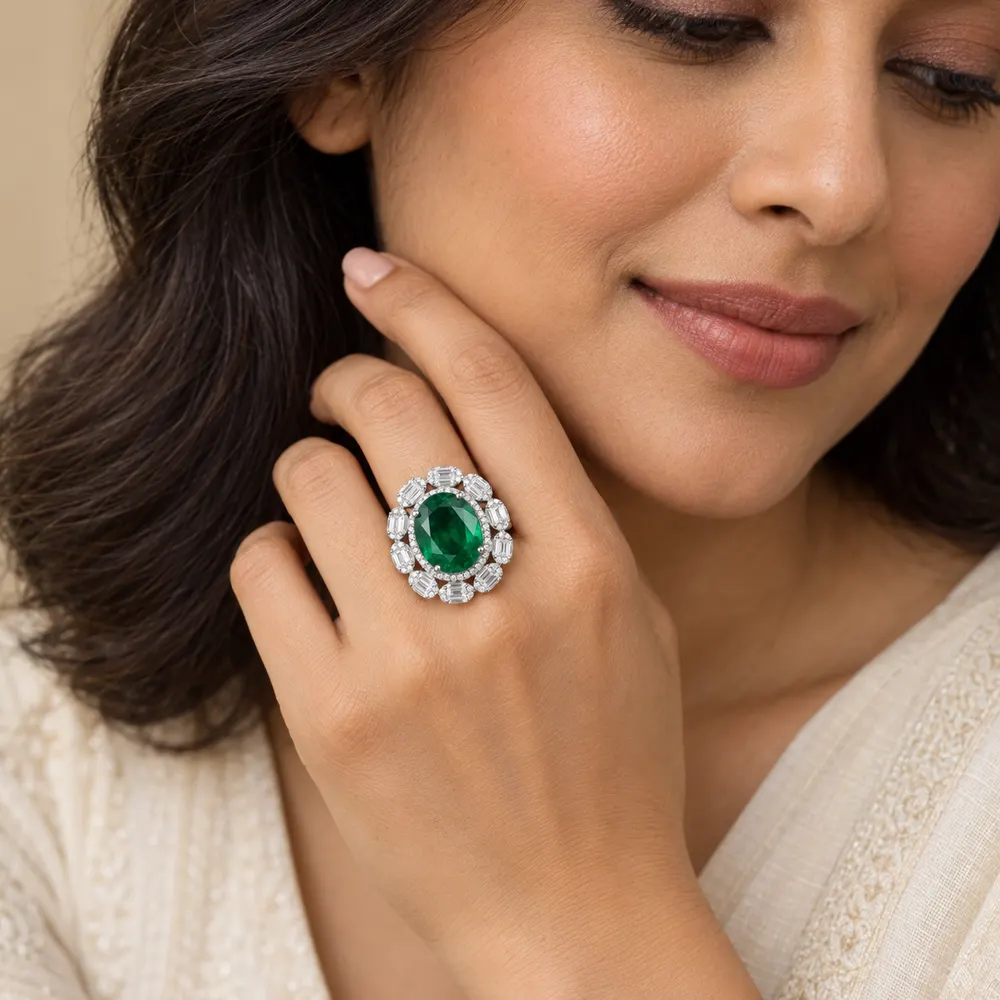 Majestic Oval Emerald Cocktail Moissanite Ring — second view