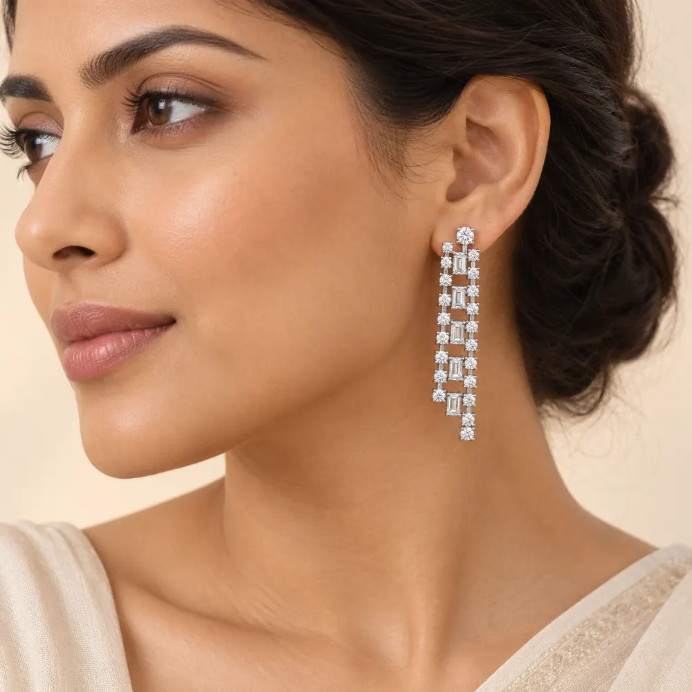 Moissanite Baguette Ladder Drop Earrings — second view