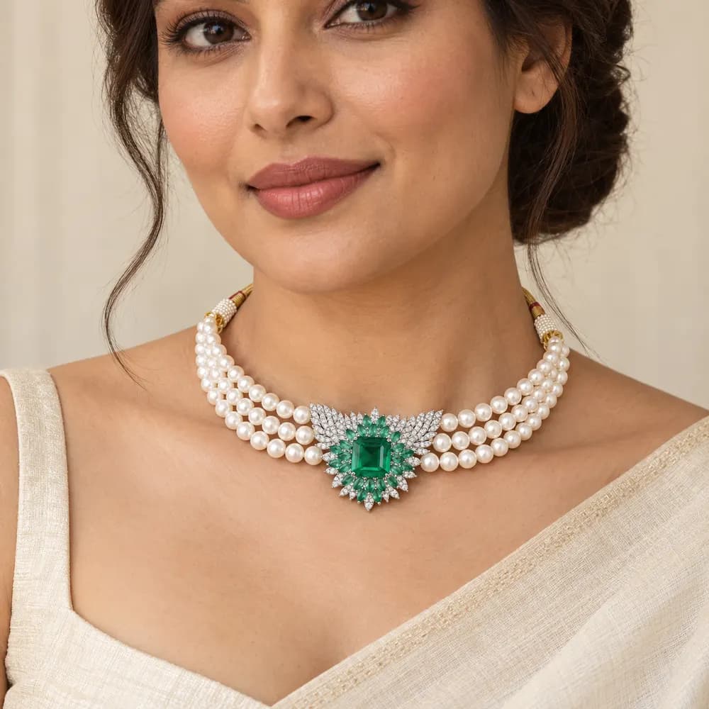 Moti Emerald Floral Pearl Moissanite Choker — second view