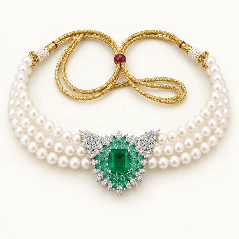 Moti Emerald Floral Pearl Moissanite Choker