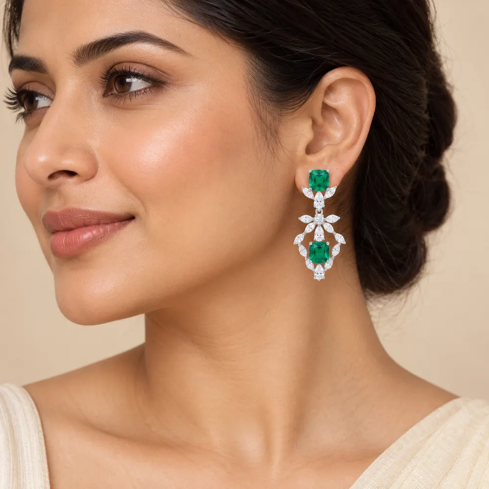 Myra Cushion Emerald Cluster Moissanite Drop Earrings — second view