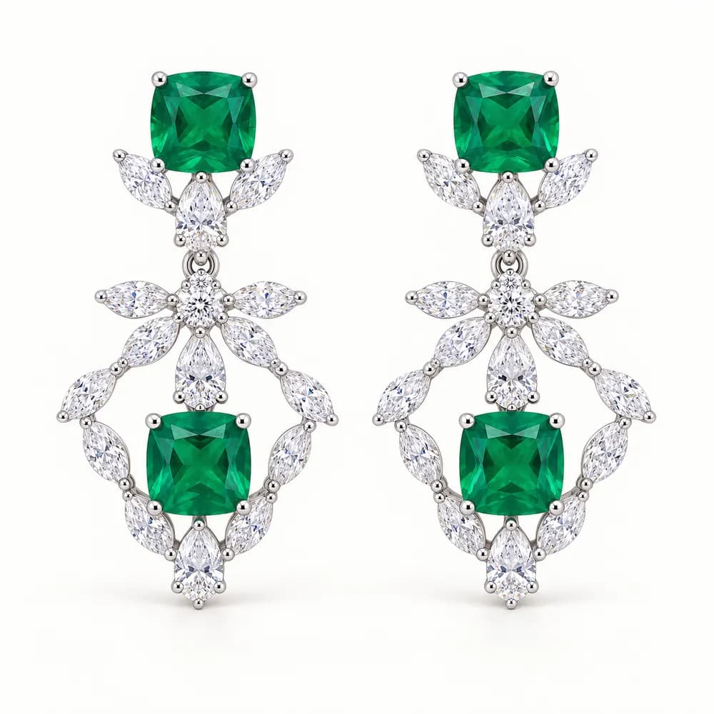 Myra Cushion Emerald Cluster Moissanite Drop Earrings