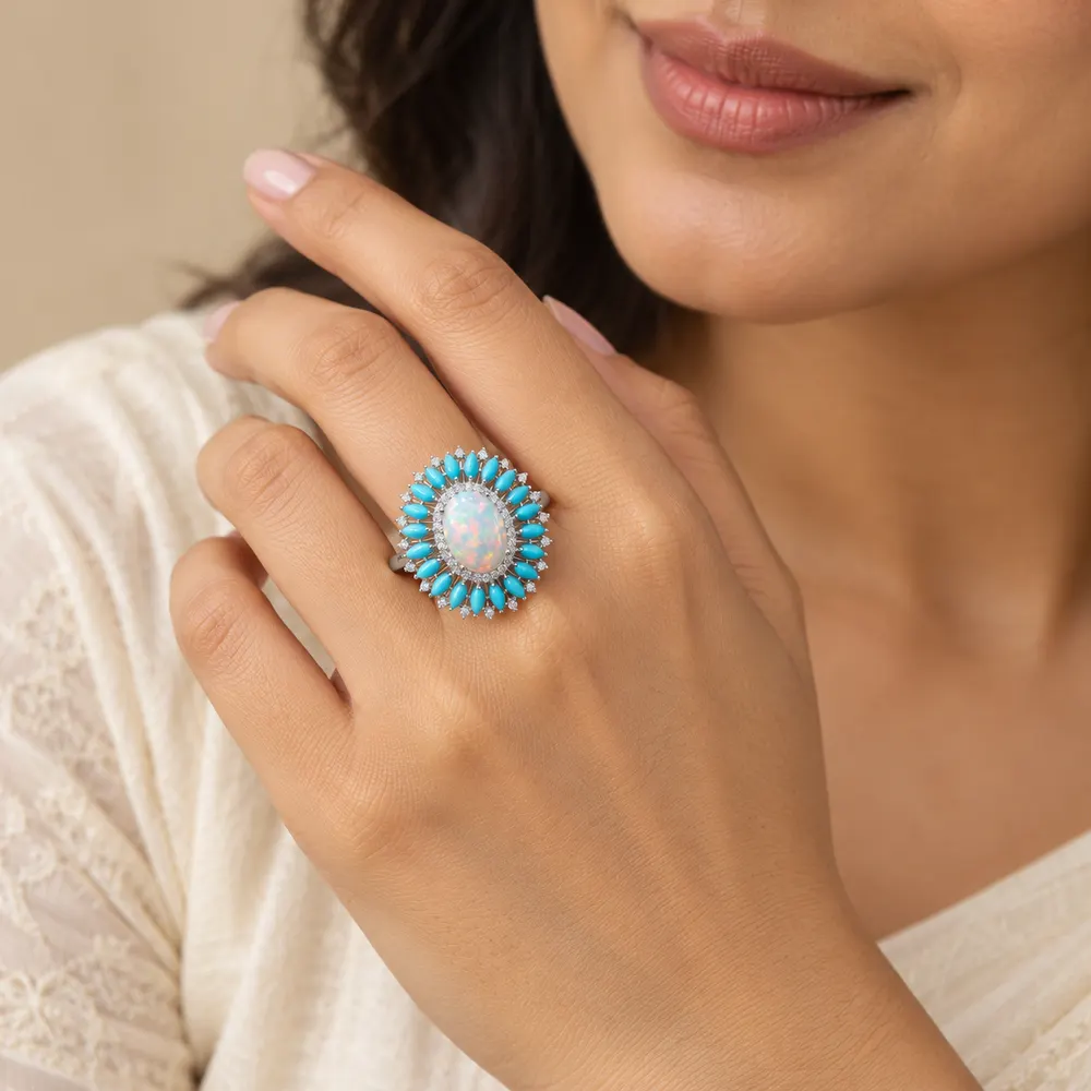 Opal and Turquoise Sunburst Moissanite Ring — second view