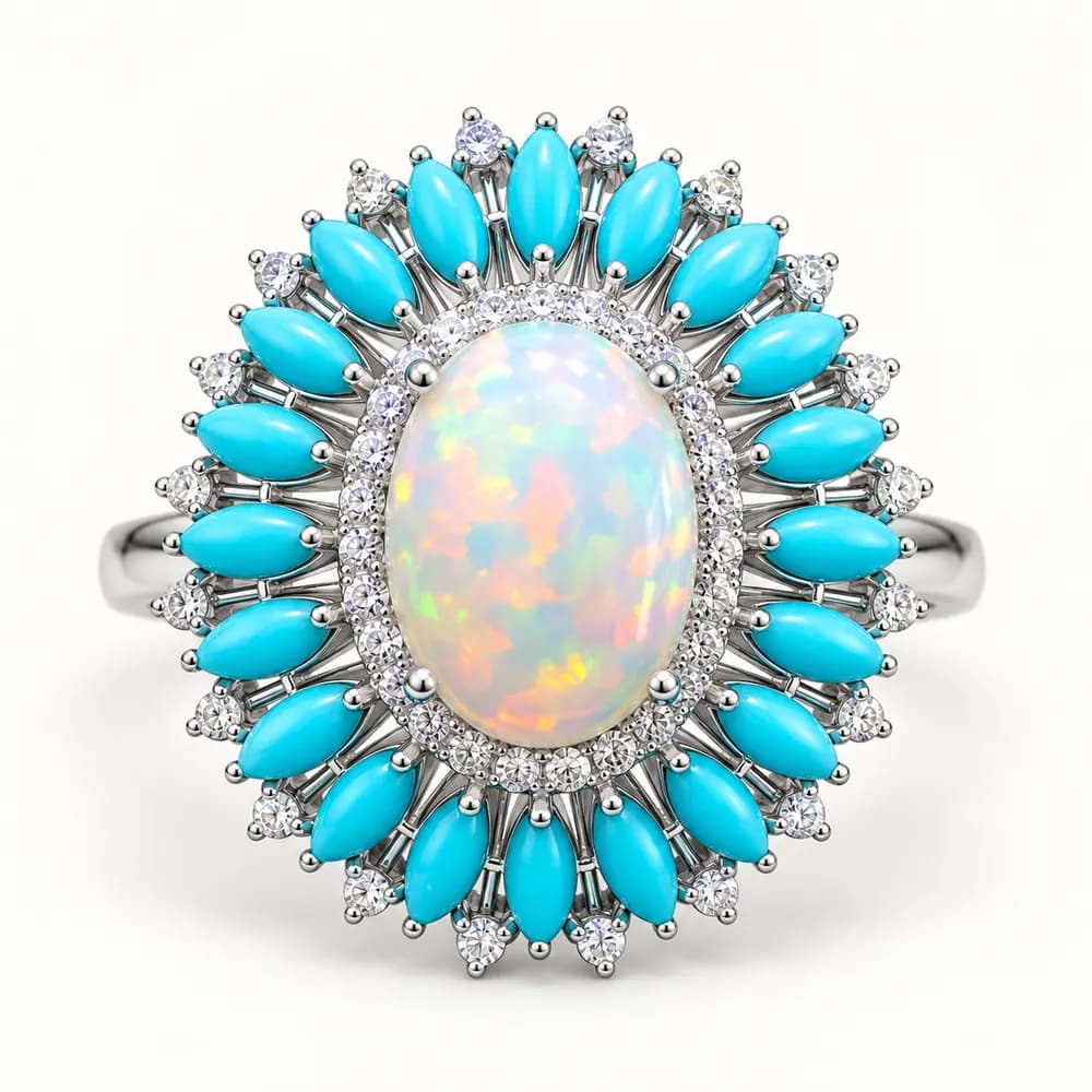 Opal and Turquoise Sunburst Moissanite Ring