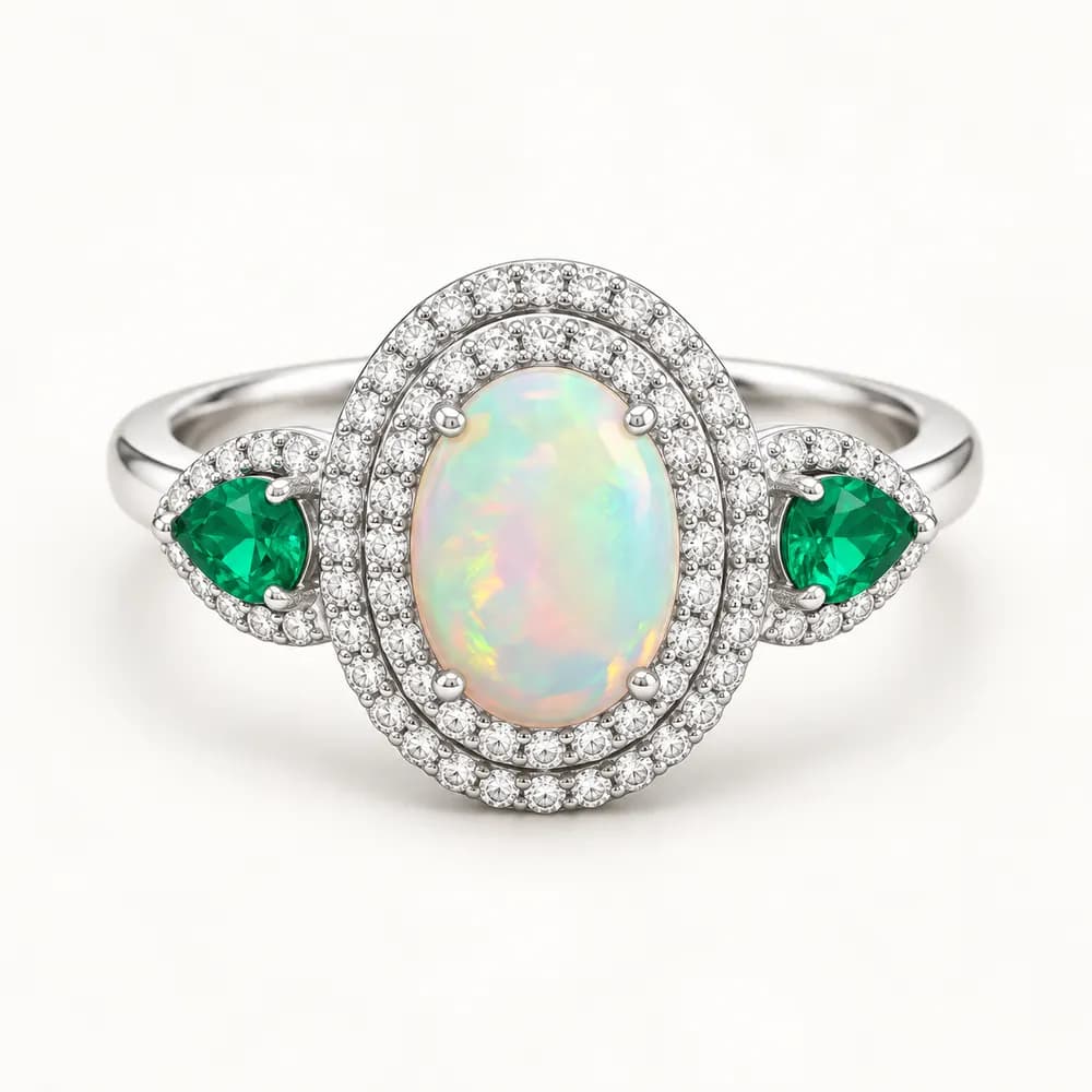 Opal Emerald Double Halo Moissanite Ring