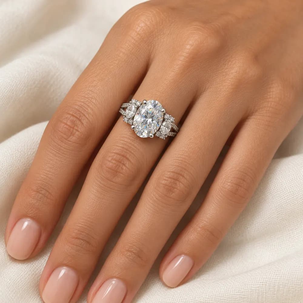 Oval Centre Triple-Stone Cluster Moissanite Ring — second view