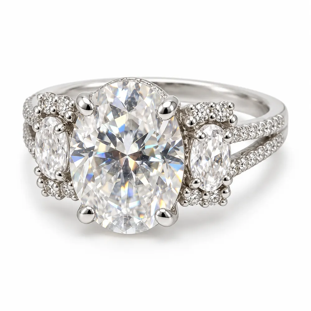 Oval Centre Triple-Stone Cluster Moissanite Ring