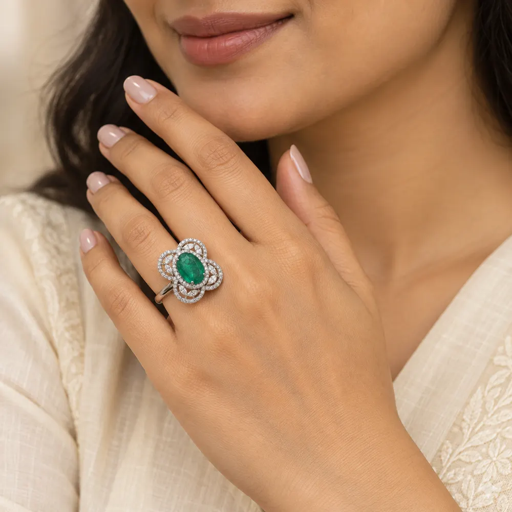 Oval Emerald Double Halo Moissanite Ring — second view