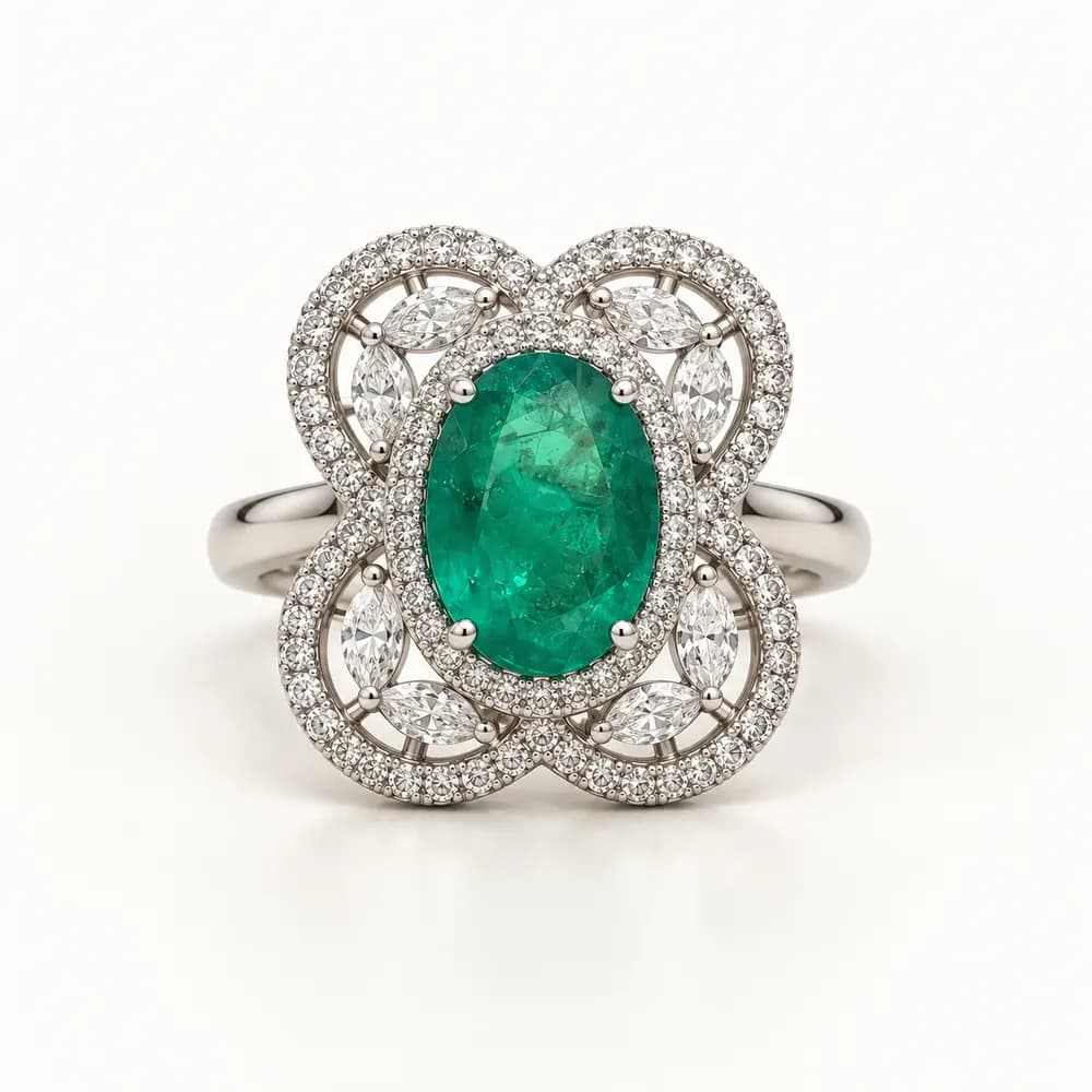 Oval Emerald Double Halo Moissanite Ring