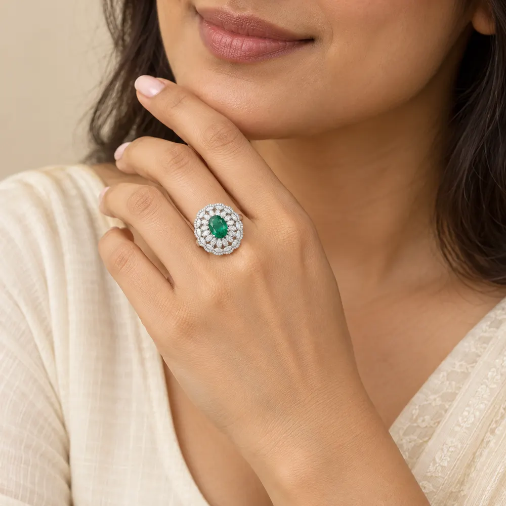 Oval Emerald Floral Cluster Moissanite Ring — second view