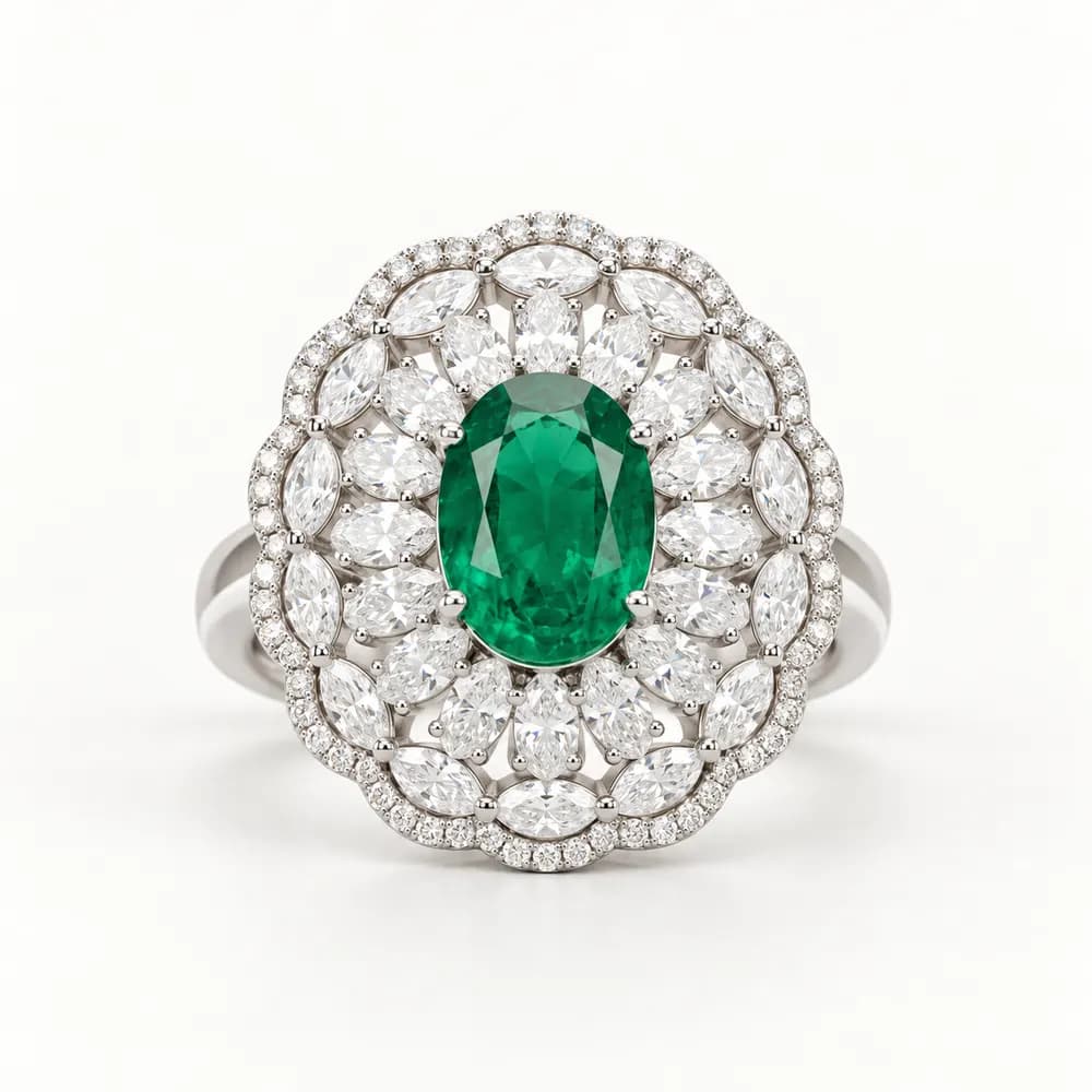 Oval Emerald Floral Cluster Moissanite Ring