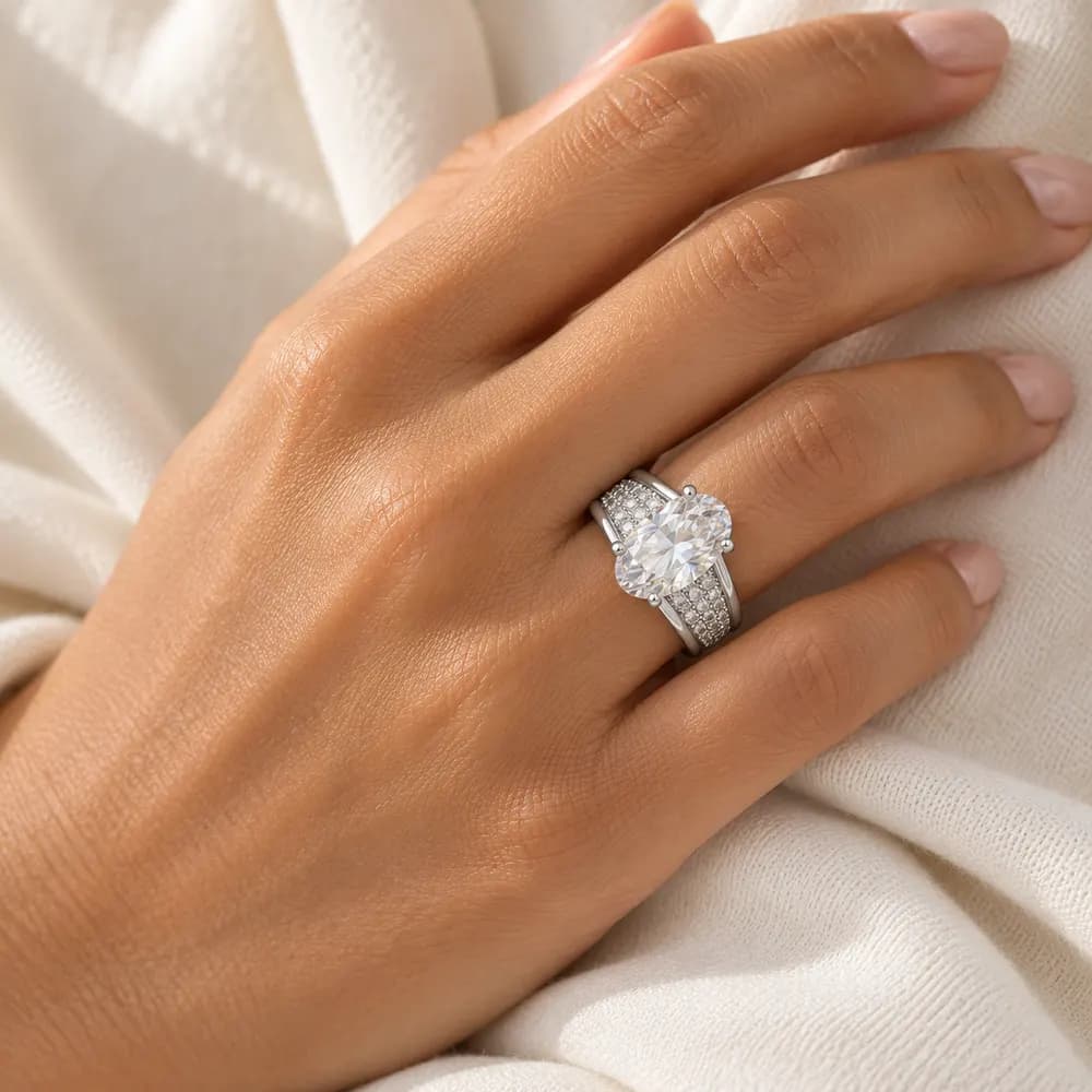 Oval Solitaire Wide Pavé Moissanite Ring — second view