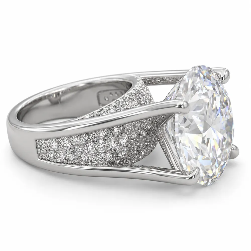 Oval Solitaire Wide Pavé Moissanite Ring