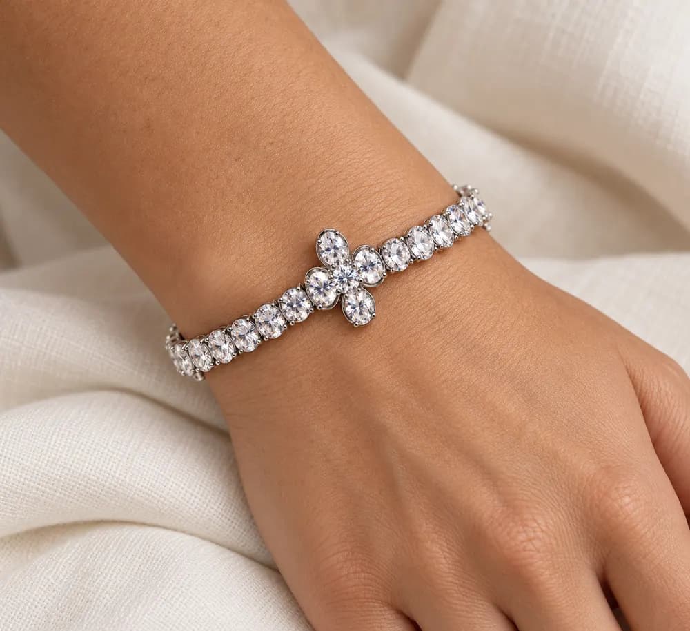 Oval Stone Floral Station Moissanite Bracelet — second view
