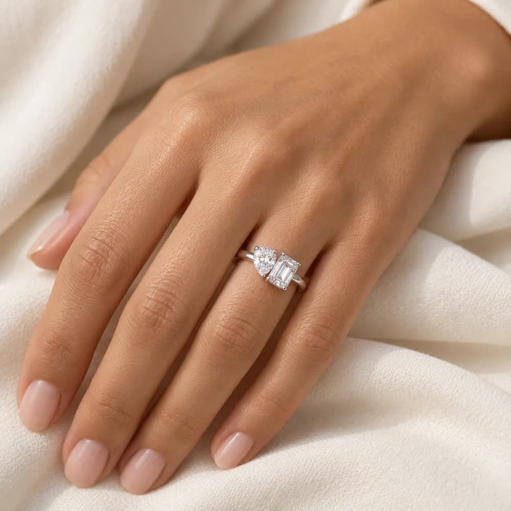 Pear and Emerald Toi et Moi Moissanite Ring — second view