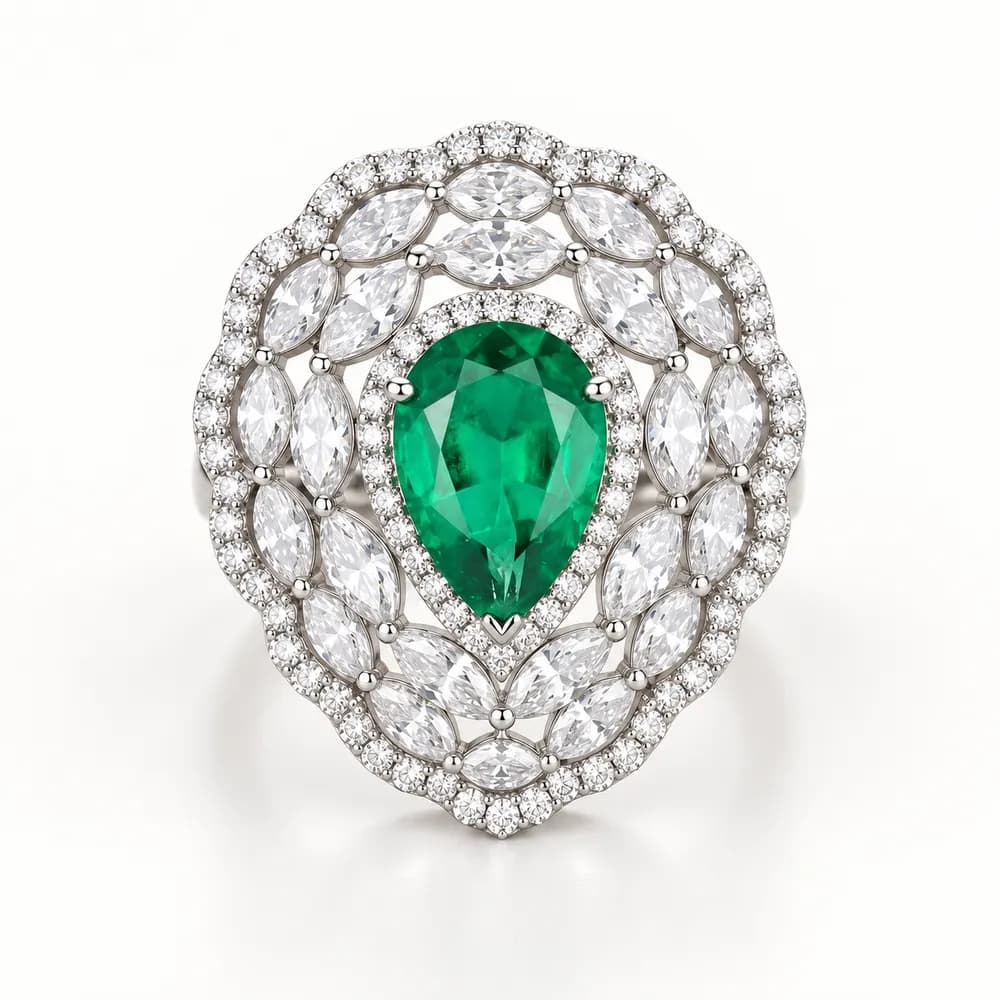 Pear Emerald Multi Halo Moissanite Ring