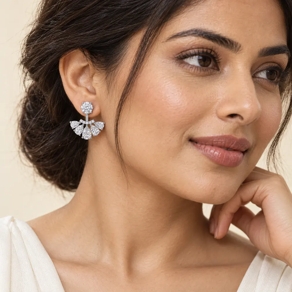 Pear Fan Moissanite Jacket Earrings — second view