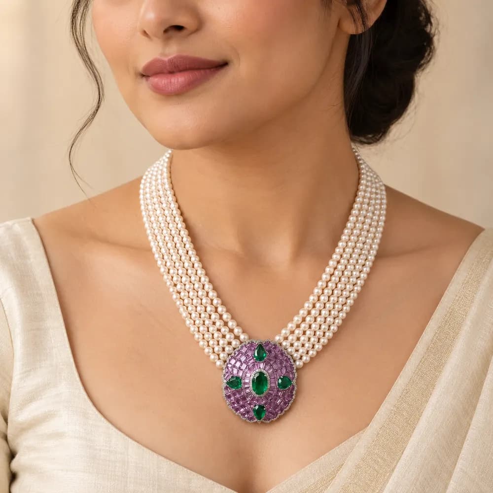 Pearl Emerald and Violet Floral Moissanite Necklace — second view