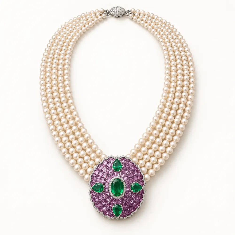 Pearl Emerald and Violet Floral Moissanite Necklace