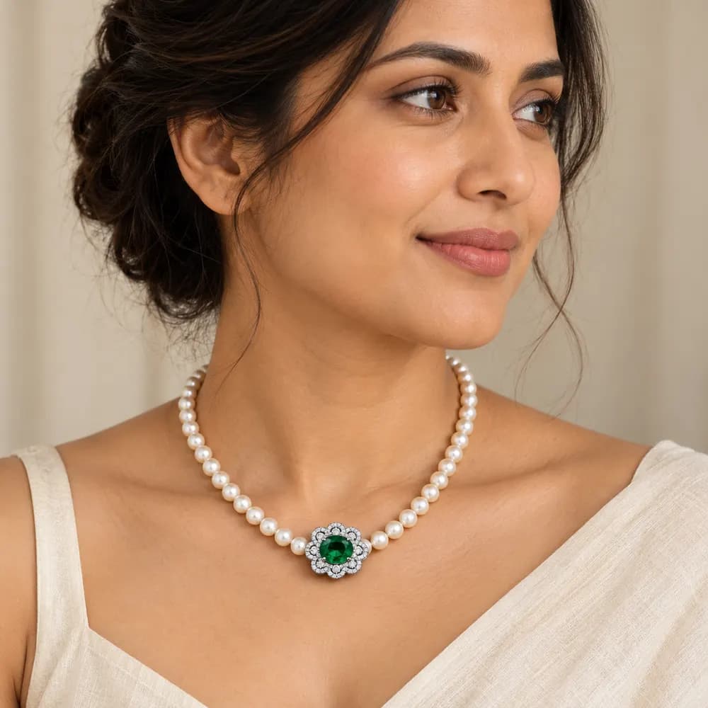 Pearl Emerald Floral Center Moissanite Necklace — second view