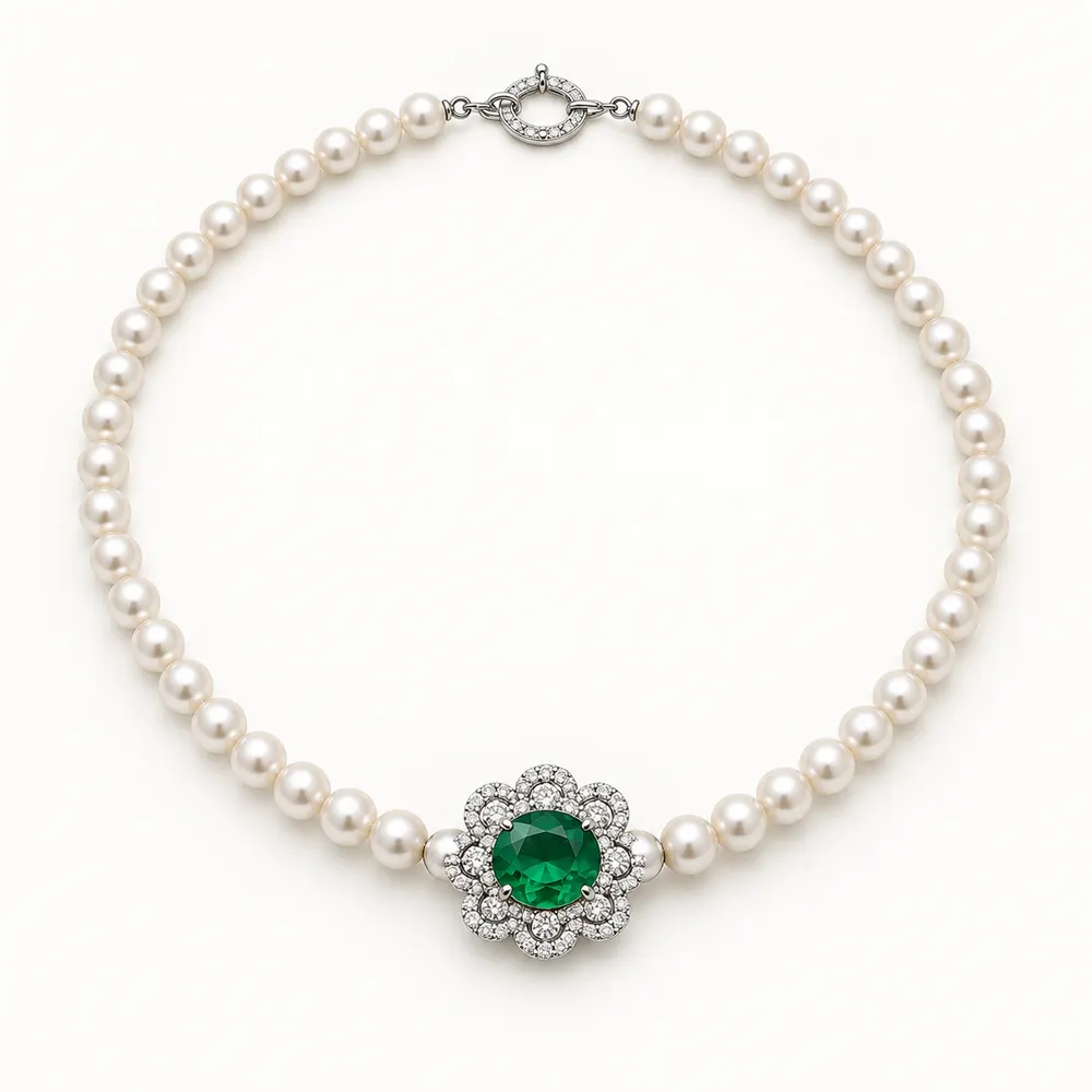 Pearl Emerald Floral Center Moissanite Necklace