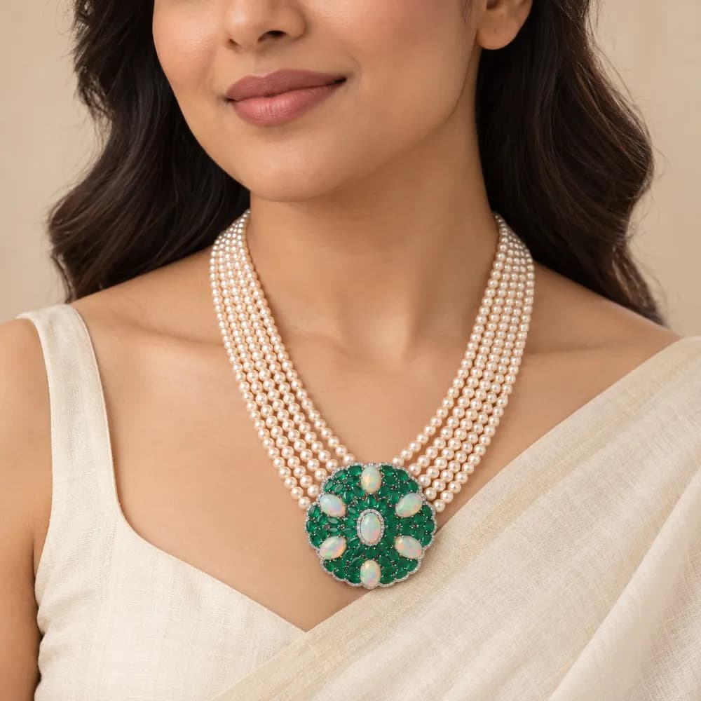 Pearl Emerald Floral Medallion Moissanite Necklace — second view