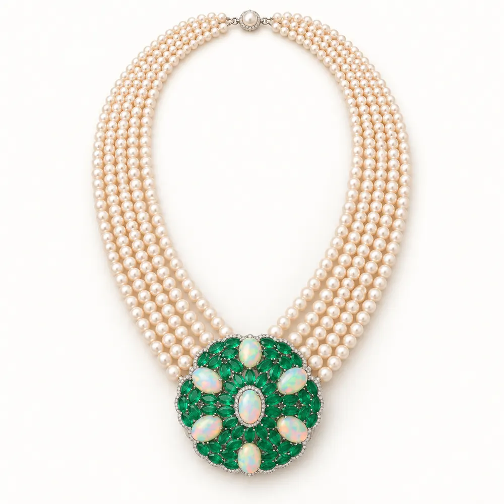 Pearl Emerald Floral Medallion Moissanite Necklace
