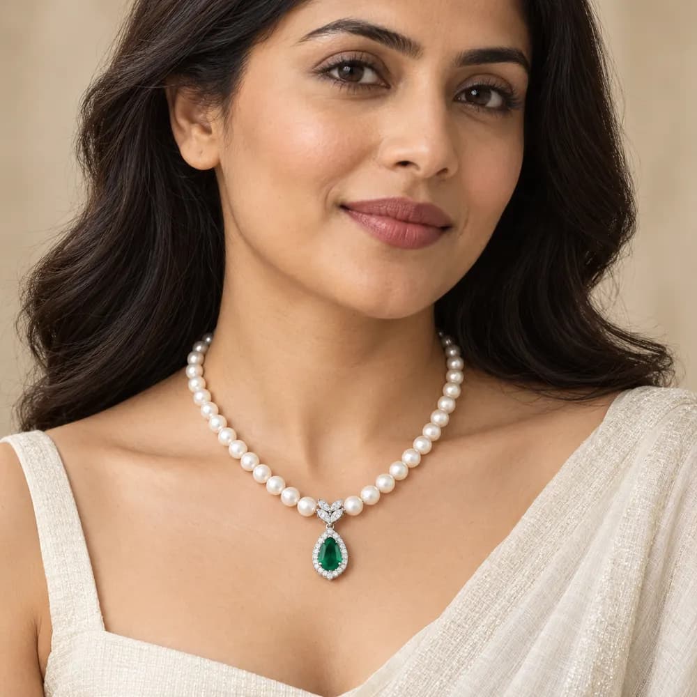Pearl Emerald Teardrop Moissanite Pendant Necklace — second view