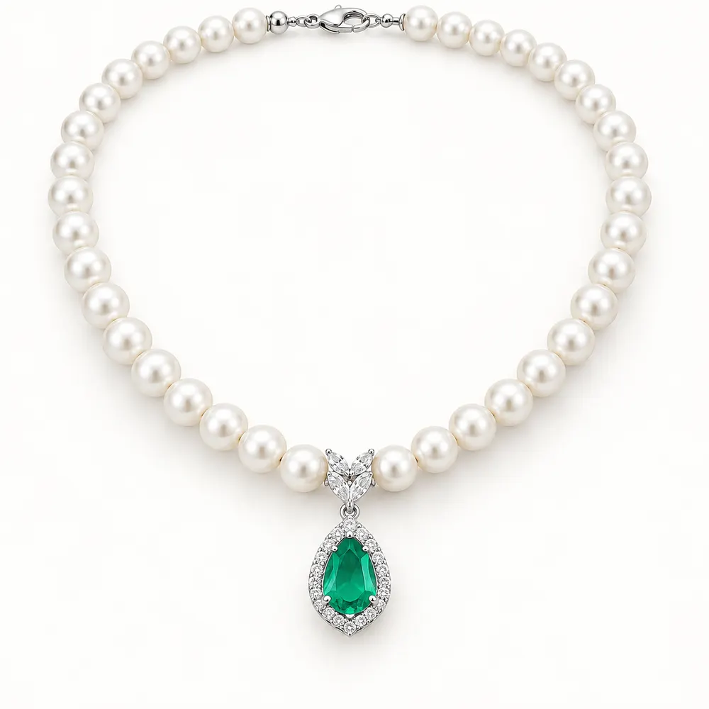 Pearl Emerald Teardrop Moissanite Pendant Necklace