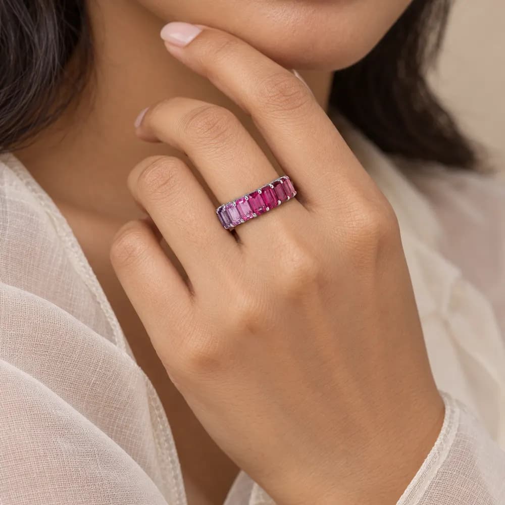 Pink Ombre Emerald-Cut Eternity Moissanite Ring — second view