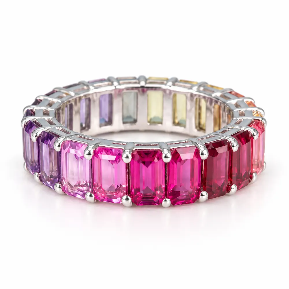 Pink Ombre Emerald-Cut Eternity Moissanite Ring