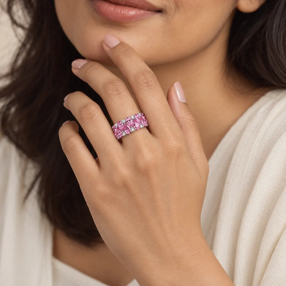 Pink Pear Gemstone Eternity Moissanite Ring — second view
