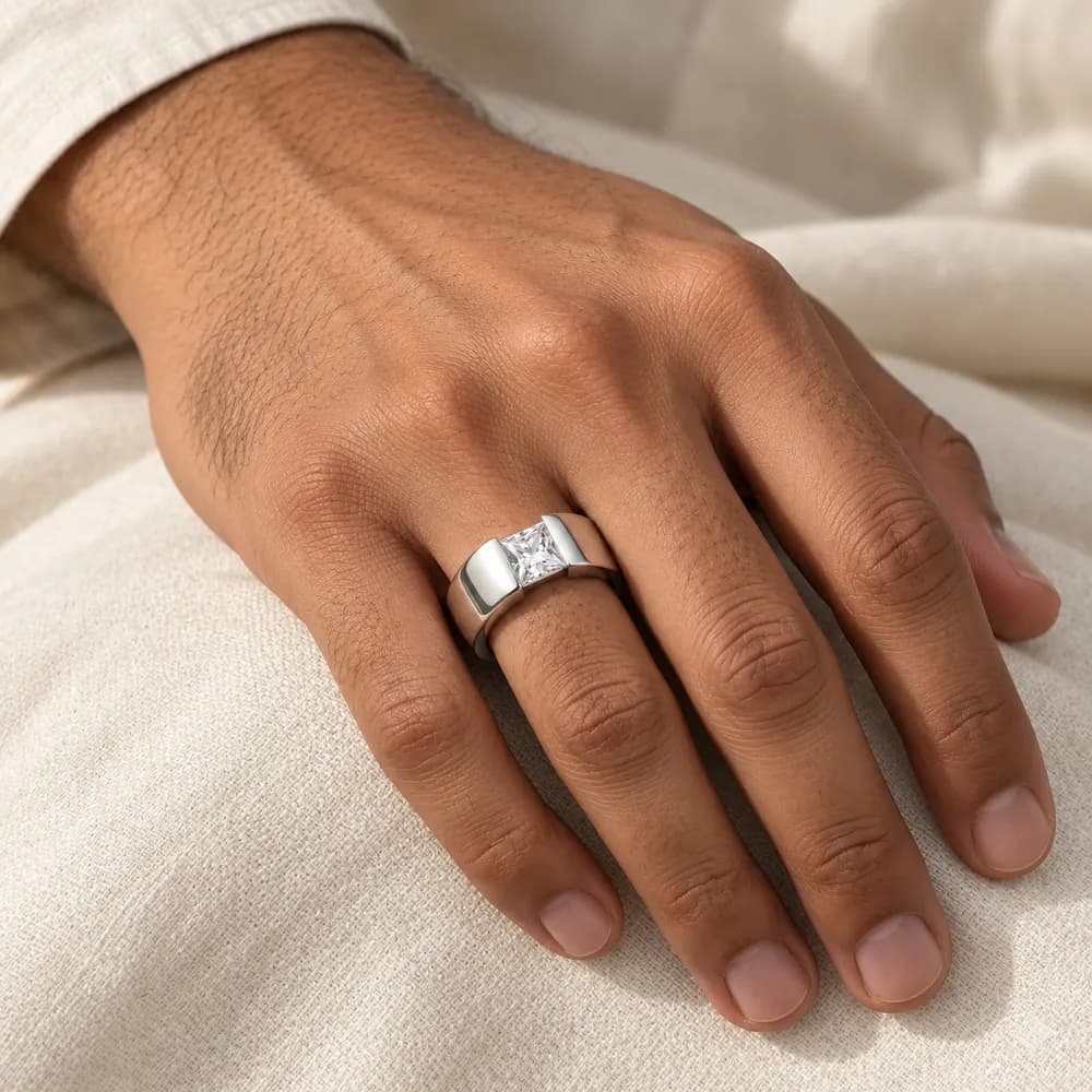 Princess Solitaire Sculpted Wide Moissanite Band — second view