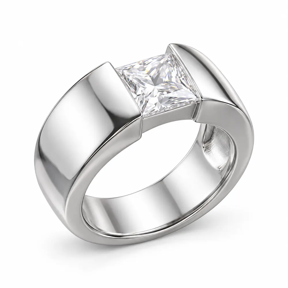 Princess Solitaire Sculpted Wide Moissanite Band