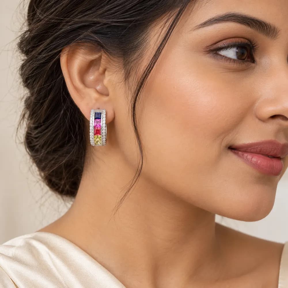 Rainbow Baguette Moissanite Hoop Earrings — second view