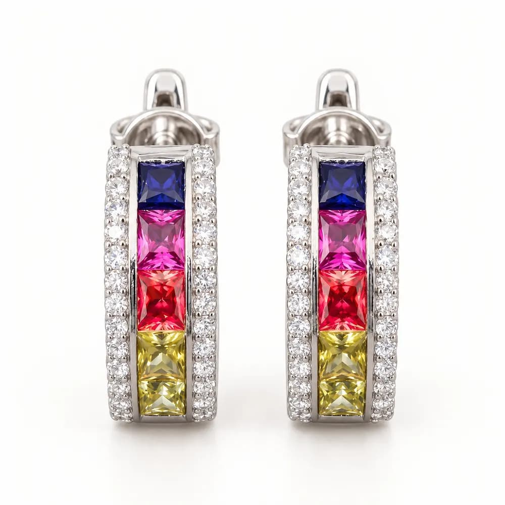 Rainbow Baguette Moissanite Hoop Earrings