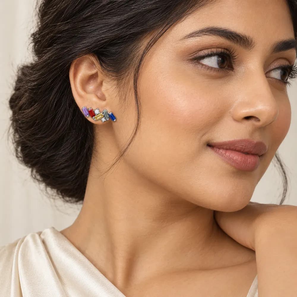 Rainbow Baguette Zigzag Moissanite Stud Earrings — second view