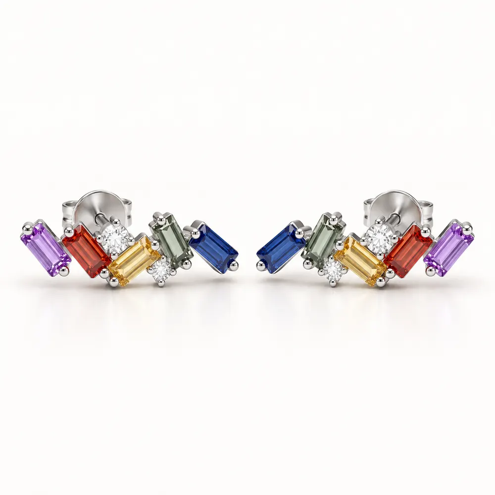 Rainbow Baguette Zigzag Moissanite Stud Earrings