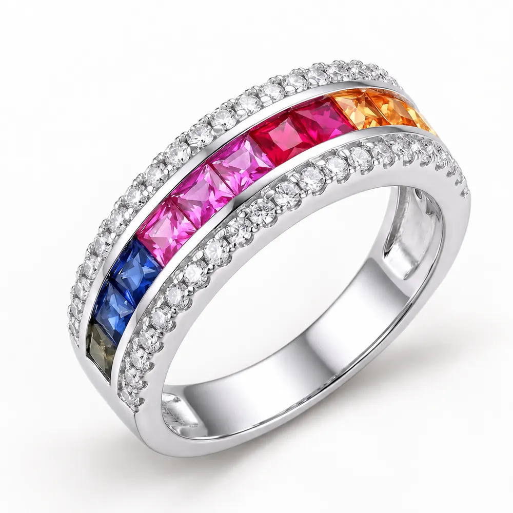 Rainbow Channel Moissanite Ring with Clear Borders