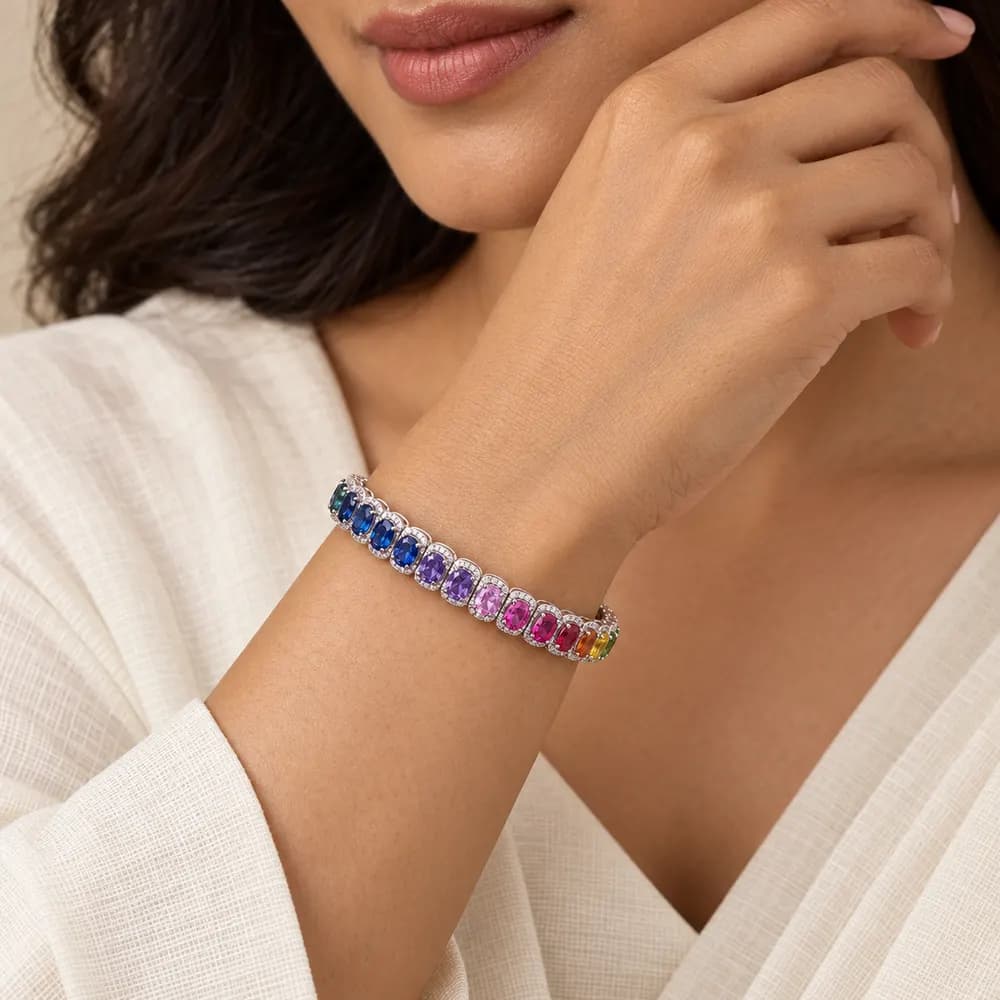 Rainbow Cushion Halo Moissanite Tennis Bracelet — second view
