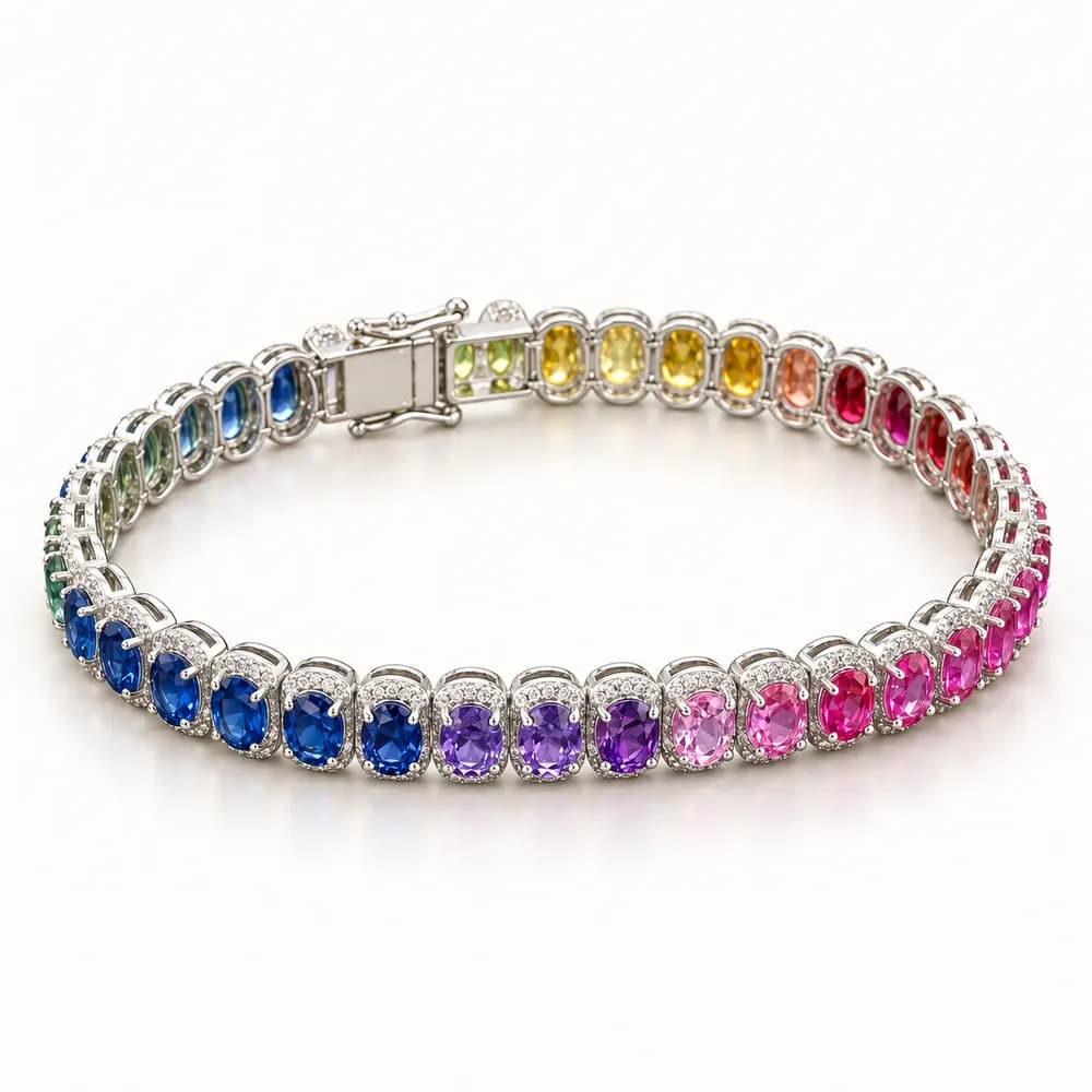 Rainbow Cushion Halo Moissanite Tennis Bracelet