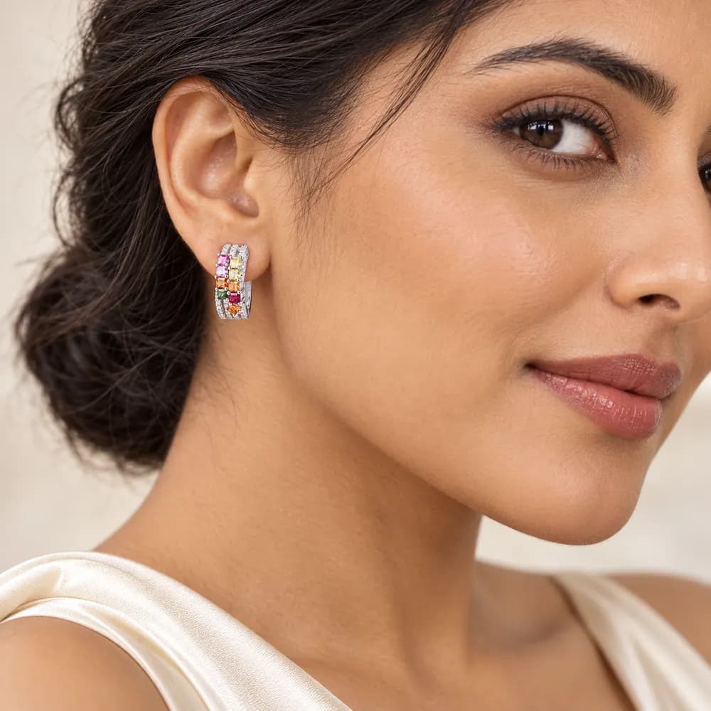 Rainbow Double-Line Moissanite Huggie Earrings — second view