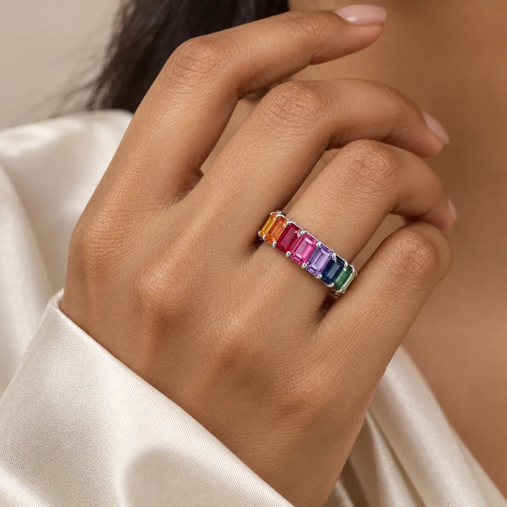 Rainbow Emerald-Cut Half Eternity Moissanite Ring — second view