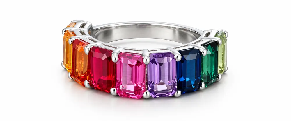Rainbow Emerald-Cut Half Eternity Moissanite Ring
