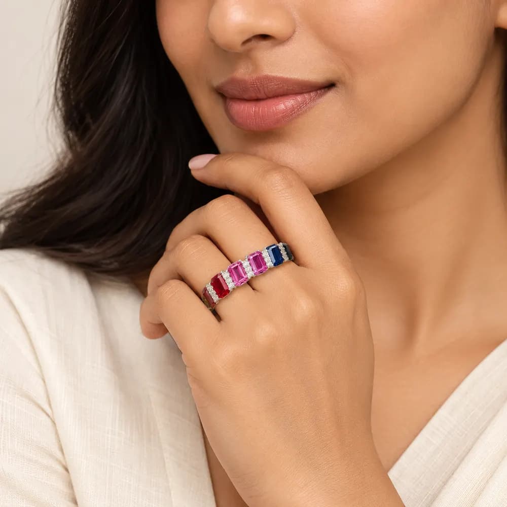 Rainbow Emerald-Cut Moissanite Ring with Clear Stone Spacers — second view