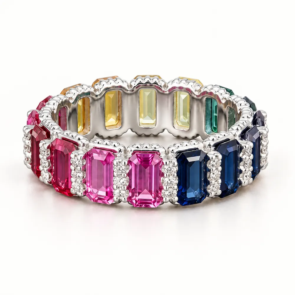 Rainbow Emerald-Cut Moissanite Ring with Clear Stone Spacers