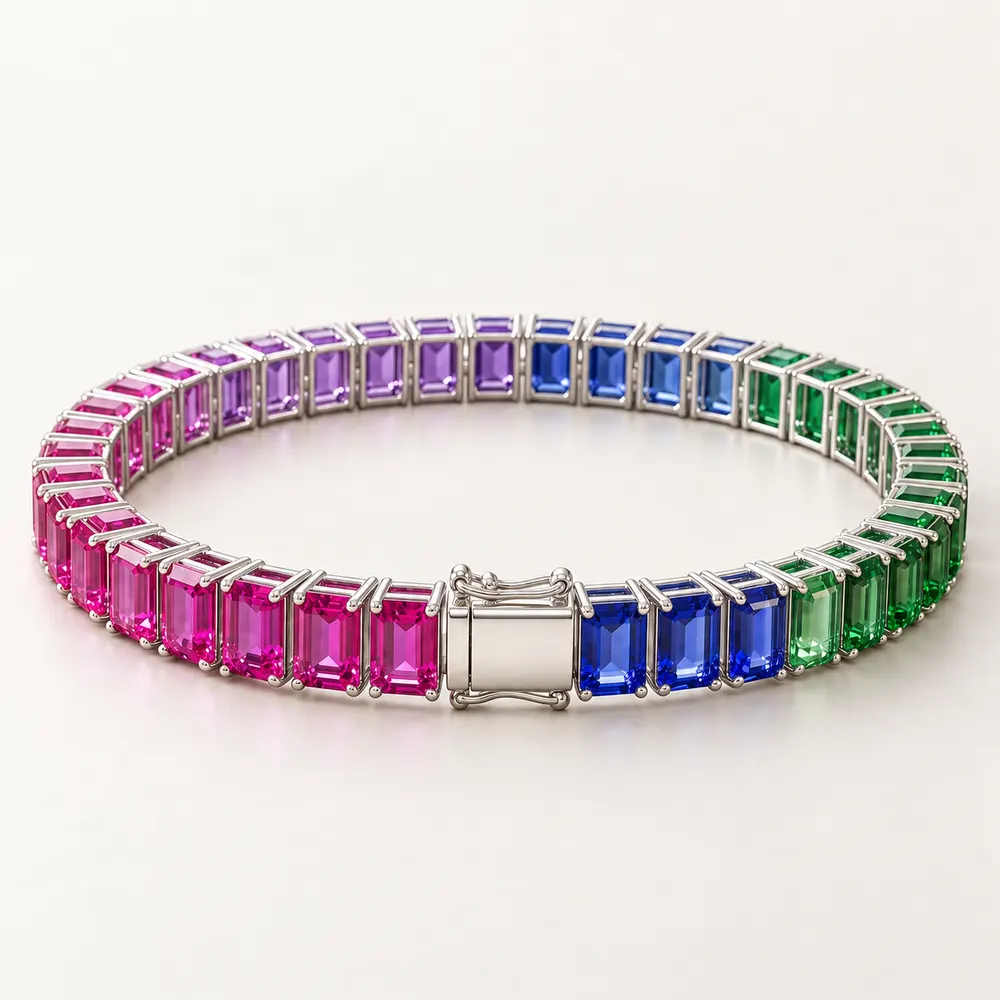 Rainbow Emerald-Cut Moissanite Tennis Bracelet