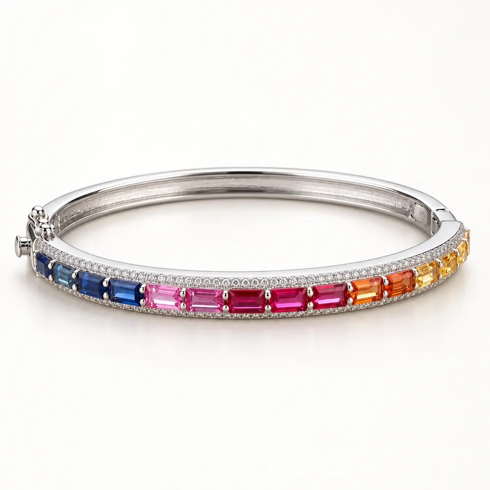 Rainbow Fine-Line Hinged Moissanite Bangle