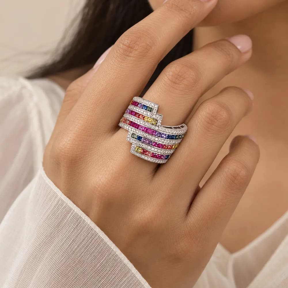 Rainbow Five-Row Statement Moissanite Ring — second view